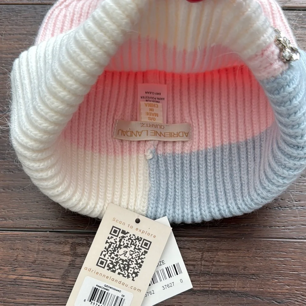 Adrienne Landau NWT Pink and Blue Combo Knitted Pom-Pom Beanie Hat